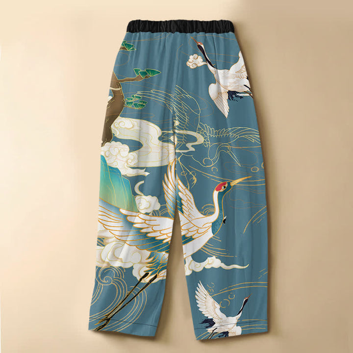 Buddha Stones Pantaloni harem da donna in puro cotone con motivo a gru volanti orientali, nuvole, bottoni a rana e vita elasticizzata con tasche. - image 6