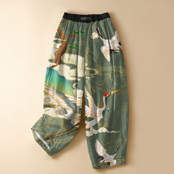 Buddha Stones Pantaloni harem da donna in puro cotone con motivo a gru volanti orientali, nuvole, bottoni a rana e vita elasticizzata con tasche. - Verde mare - US16, UK/AU20, EU48 (3XL) - image 7