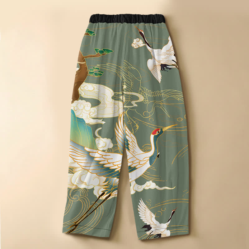 Buddha Stones Pantaloni harem da donna in puro cotone con motivo a gru volanti orientali, nuvole, bottoni a rana e vita elasticizzata con tasche. - image 8