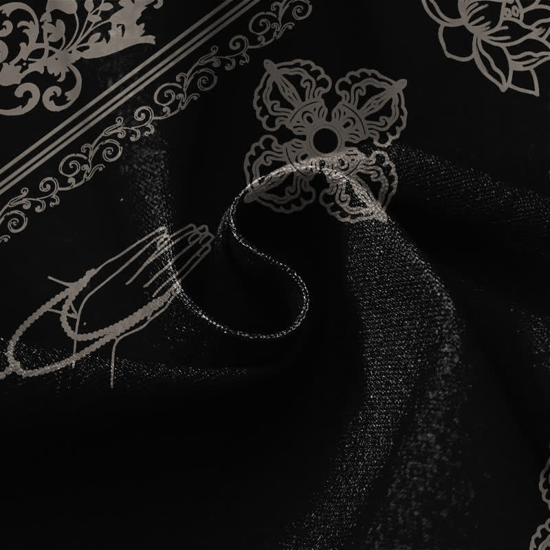Buddha Stones Pantaloni harem da donna in puro cotone con elastico in vita e tasche, motivo fiori di loto, doppio Dorje Vajra Namaste OM, bottoni a rana. - image 4