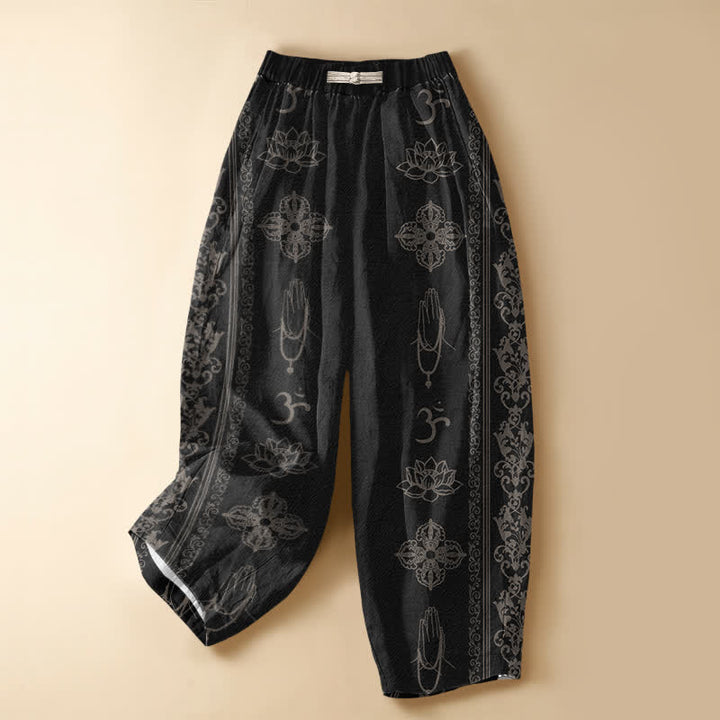 Buddha Stones Pantaloni harem da donna in puro cotone con elastico in vita e tasche, motivo fiori di loto, doppio Dorje Vajra Namaste OM, bottoni a rana. - Nero - US16, UK/AU20, EU48 (3XL) - image 0