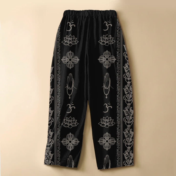 Buddha Stones Pantaloni harem da donna in puro cotone con elastico in vita e tasche, motivo fiori di loto, doppio Dorje Vajra Namaste OM, bottoni a rana. - image 1