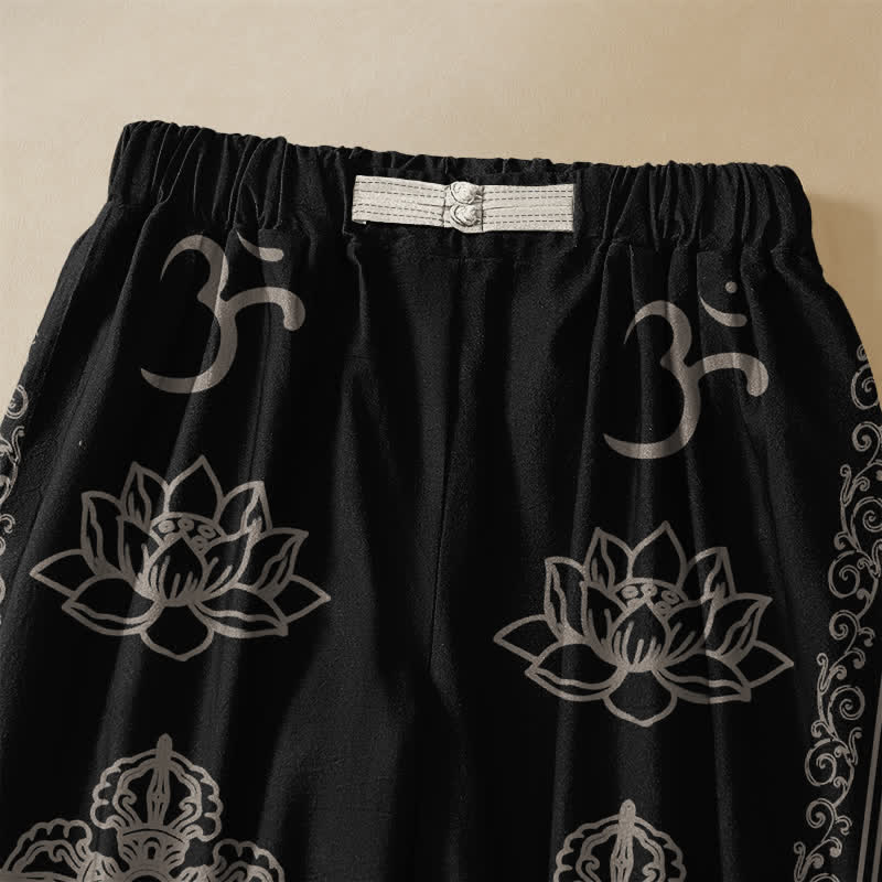 Buddha Stones Pantaloni harem da donna in puro cotone con elastico in vita e tasche, motivo fiori di loto, doppio Dorje Vajra Namaste OM, bottoni a rana. - image 2