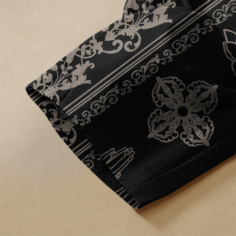 Buddha Stones Pantaloni harem da donna in puro cotone con elastico in vita e tasche, motivo fiori di loto, doppio Dorje Vajra Namaste OM, bottoni a rana. - image 3