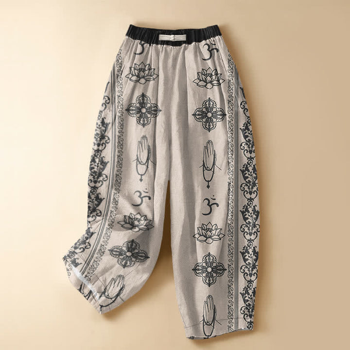 Buddha Stones Pantaloni harem da donna in puro cotone con elastico in vita e tasche, motivo fiori di loto, doppio Dorje Vajra Namaste OM, bottoni a rana. - Beige - US16, UK/AU20, EU48 (3XL) - image 5
