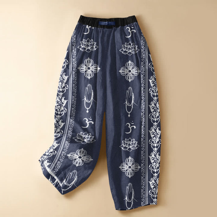 Buddha Stones Pantaloni harem da donna in puro cotone con elastico in vita e tasche, motivo fiori di loto, doppio Dorje Vajra Namaste OM, bottoni a rana. - Marina - US16, UK/AU20, EU48 (3XL) - image 7