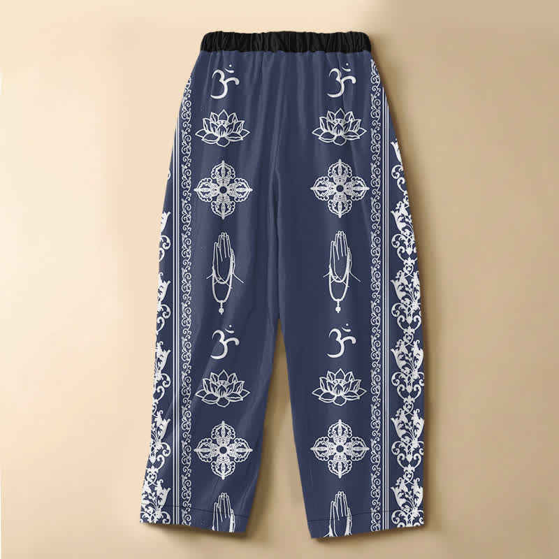 Buddha Stones Pantaloni harem da donna in puro cotone con elastico in vita e tasche, motivo fiori di loto, doppio Dorje Vajra Namaste OM, bottoni a rana. - image 8