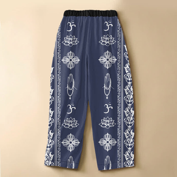 Buddha Stones Pantaloni harem da donna in puro cotone con elastico in vita e tasche, motivo fiori di loto, doppio Dorje Vajra Namaste OM, bottoni a rana. - image 8