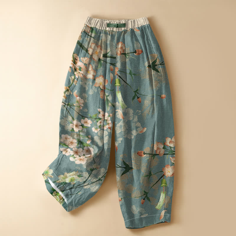 Buddha Stones Pantaloni harem da donna in puro cotone con motivo Sakura a rondine, bottoni a rana e vita elasticizzata, con tasche. - Cadetto Blu - US16, UK/AU20, EU48 (3XL) - image 0
