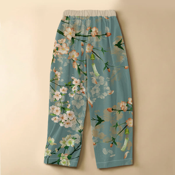 Buddha Stones Pantaloni harem da donna in puro cotone con motivo Sakura a rondine, bottoni a rana e vita elasticizzata, con tasche. - image 1