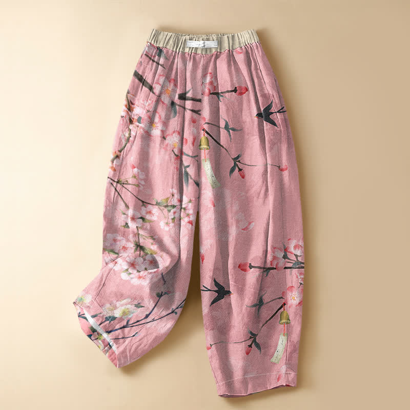 Buddha Stones Pantaloni harem da donna in puro cotone con motivo Sakura a rondine, bottoni a rana e vita elasticizzata, con tasche. - Rosa chiaro - US16, UK/AU20, EU48 (3XL) - image 5