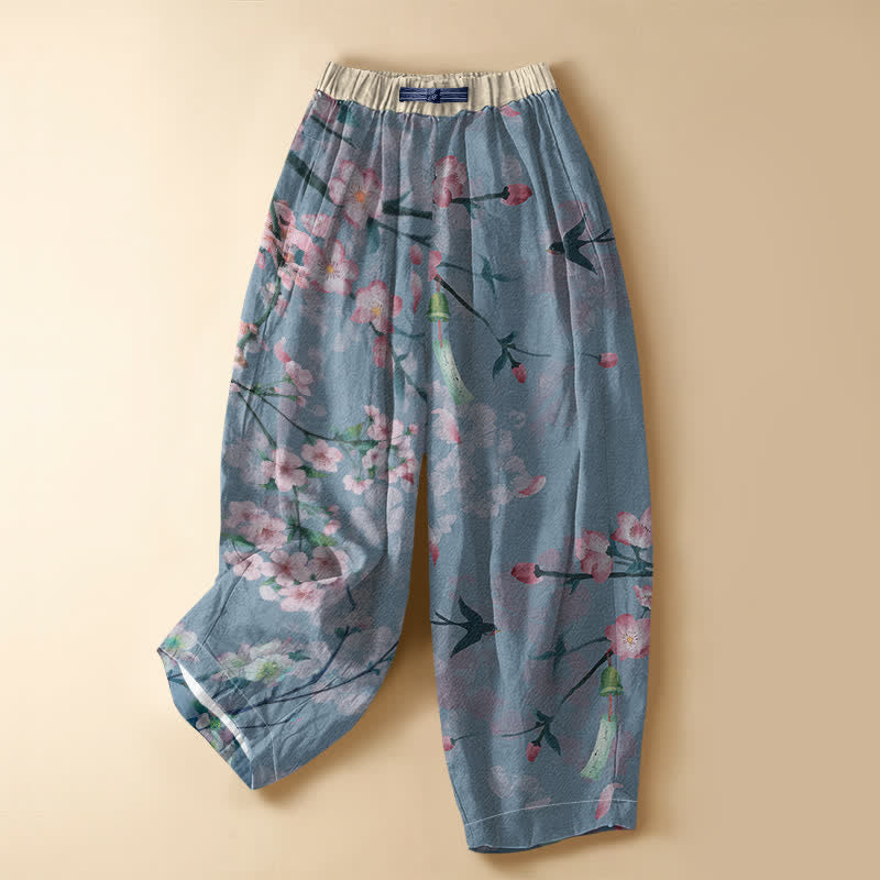 Buddha Stones Pantaloni harem da donna in puro cotone con motivo Sakura a rondine, bottoni a rana e vita elasticizzata, con tasche. - Blu acciaio chiaro - US16, UK/AU20, EU48 (3XL) - image 7