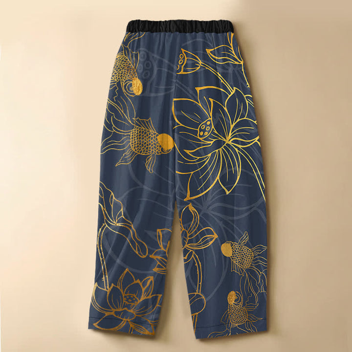 Buddha Stones Pantaloni harem da donna in puro cotone con motivo a foglie di loto dorate e pesci koi, bottoni a rana e vita elasticizzata con tasche. - image 6