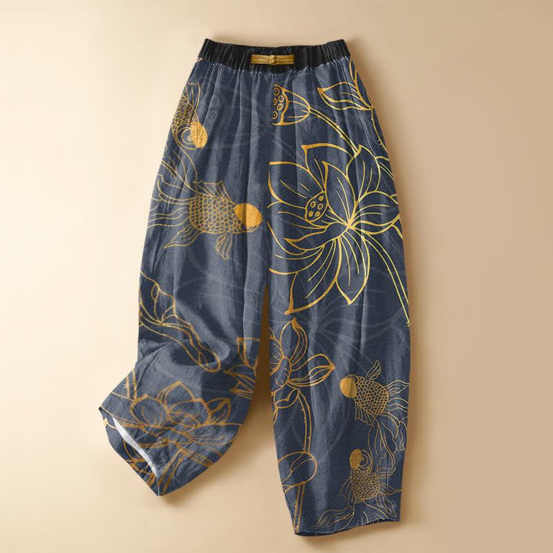 Buddha Stones Pantaloni harem da donna in puro cotone con motivo a foglie di loto dorate e pesci koi, bottoni a rana e vita elasticizzata con tasche. - SteelBlue - US16, UK/AU20, EU48 (3XL) - image 5