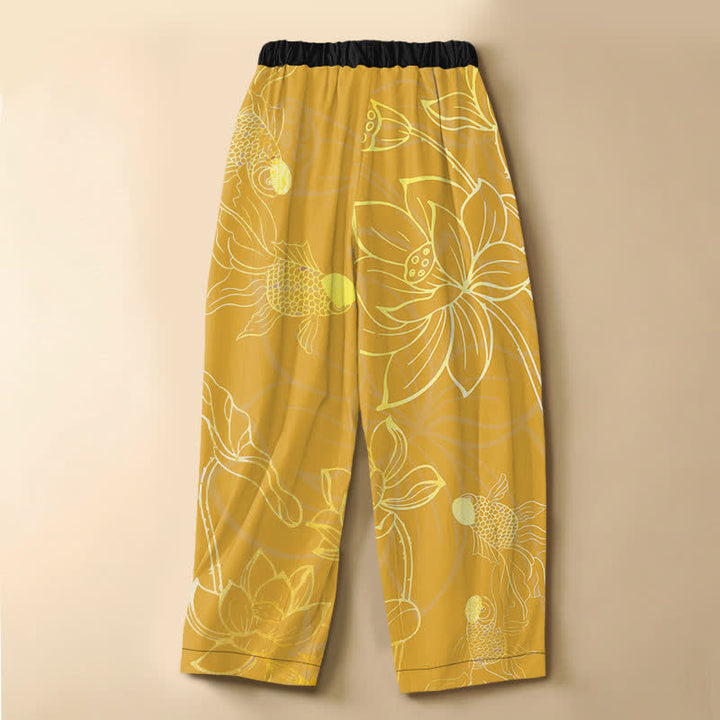 Buddha Stones Pantaloni harem da donna in puro cotone con motivo a foglie di loto dorate e pesci koi, bottoni a rana e vita elasticizzata con tasche. - image 8