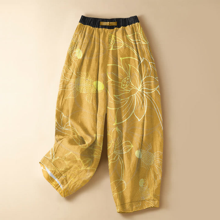 Buddha Stones Pantaloni harem da donna in puro cotone con motivo a foglie di loto dorate e pesci koi, bottoni a rana e vita elasticizzata con tasche. - Verga d'oro - US16, UK/AU20, EU48 (3XL) - image 7