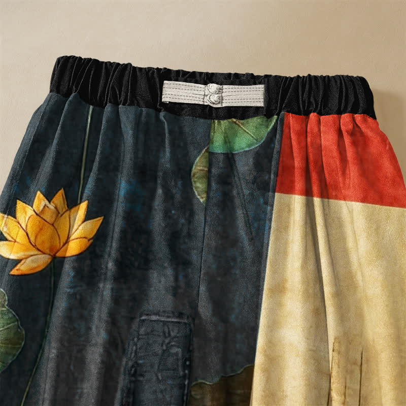 Buddha Stones Pantaloni harem da donna in puro cotone con motivo patchwork vintage a loto, bottoni a rana e vita elasticizzata, con tasche. - image 2