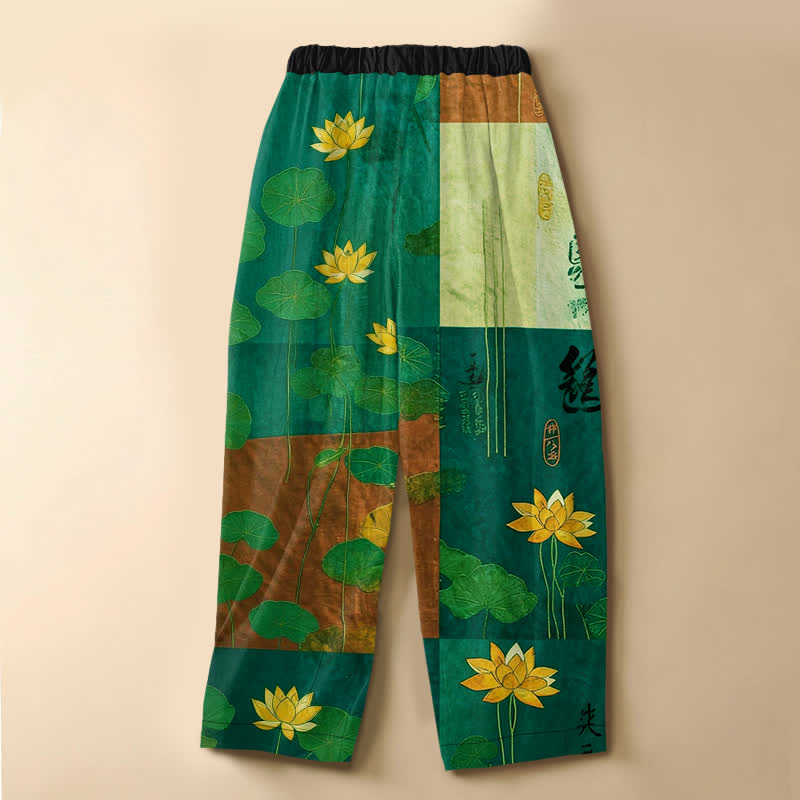 Buddha Stones Pantaloni harem da donna in puro cotone con motivo patchwork vintage a loto, bottoni a rana e vita elasticizzata, con tasche. - image 6