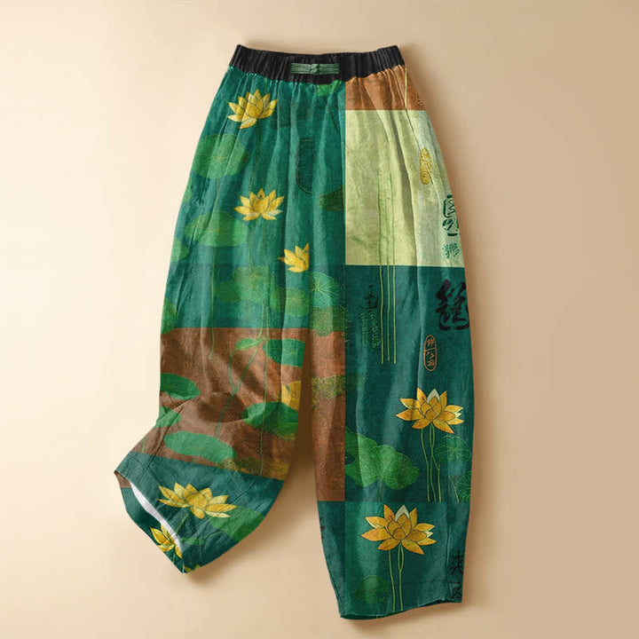Buddha Stones Pantaloni harem da donna in puro cotone con motivo patchwork vintage a loto, bottoni a rana e vita elasticizzata, con tasche. - Verde Mare Chiaro - US16, UK/AU20, EU48 (3XL) - image 5