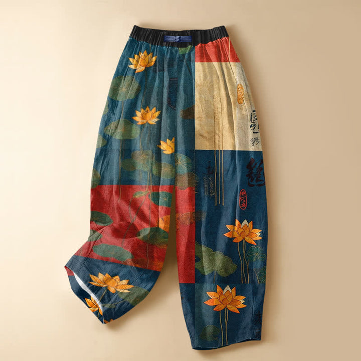 Buddha Stones Pantaloni harem da donna in puro cotone con motivo patchwork vintage a loto, bottoni a rana e vita elasticizzata, con tasche. - image 7
