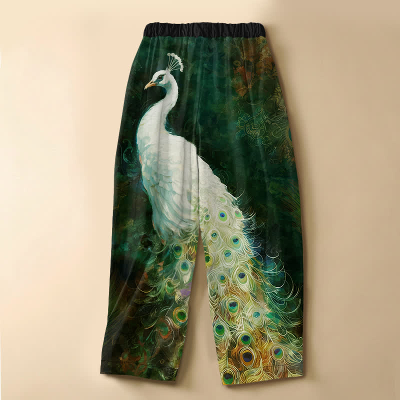 Buddha Stones Pantaloni harem da donna in puro cotone bianco con motivo pavone e bottoni a rana, vita elasticizzata e tasche. - image 6