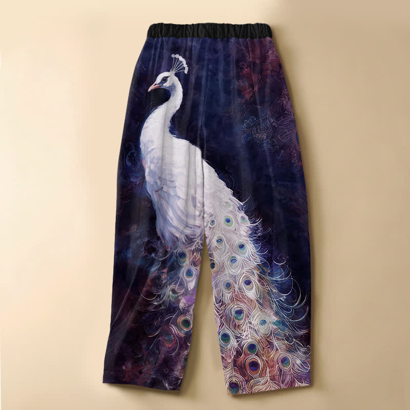 Buddha Stones Pantaloni harem da donna in puro cotone bianco con motivo pavone e bottoni a rana, vita elasticizzata e tasche. - image 8