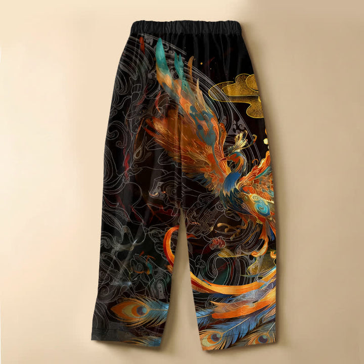 Buddha Stones Pantaloni harem da donna in puro cotone con motivo a piuma di fenice reale, bottoni a rana e vita elasticizzata, con tasche. - image 1