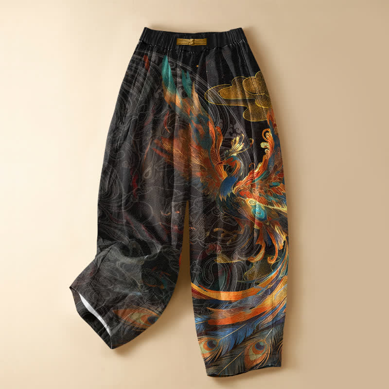 Buddha Stones Pantaloni harem da donna in puro cotone con motivo a piuma di fenice reale, bottoni a rana e vita elasticizzata, con tasche. - Nero - US16, UK/AU20, EU48 (3XL) - image 0