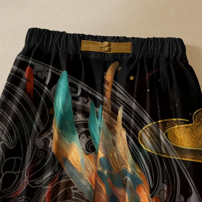 Buddha Stones Pantaloni harem da donna in puro cotone con motivo a piuma di fenice reale, bottoni a rana e vita elasticizzata, con tasche. - image 2