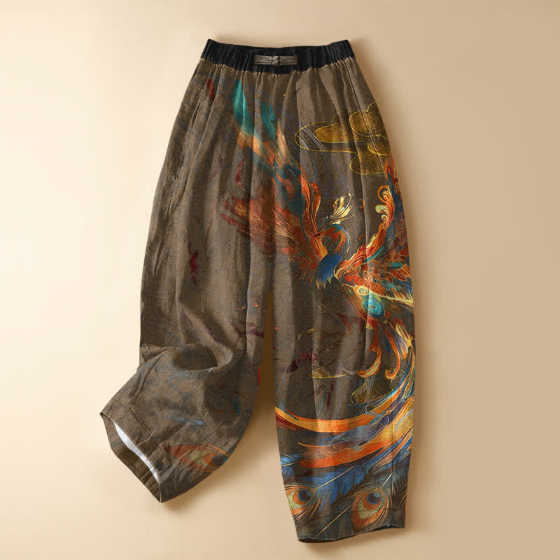 Buddha Stones Pantaloni harem da donna in puro cotone con motivo a piuma di fenice reale, bottoni a rana e vita elasticizzata, con tasche. - Marrone sella - US16, UK/AU20, EU48 (3XL) - image 5
