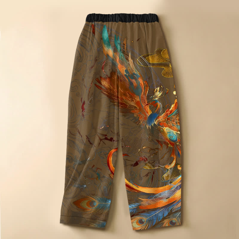 Buddha Stones Pantaloni harem da donna in puro cotone con motivo a piuma di fenice reale, bottoni a rana e vita elasticizzata, con tasche. - image 6