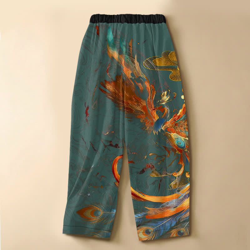 Buddha Stones Pantaloni harem da donna in puro cotone con motivo a piuma di fenice reale, bottoni a rana e vita elasticizzata, con tasche. - image 8