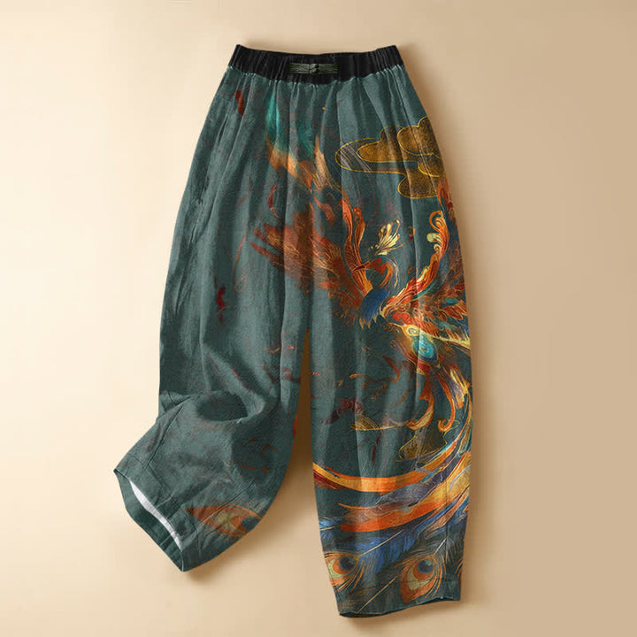 Buddha Stones Pantaloni harem da donna in puro cotone con motivo a piuma di fenice reale, bottoni a rana e vita elasticizzata, con tasche. - Verde acqua - US16, UK/AU20, EU48 (3XL) - image 7