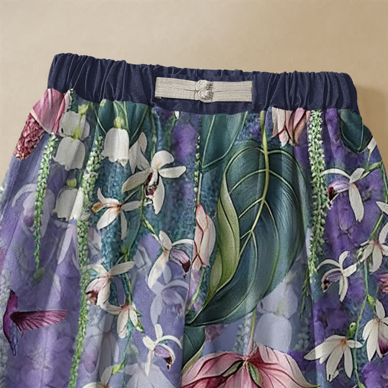 Buddha Stones Pantaloni harem da donna in puro cotone con motivo floreale ad acquerello e colibrì, bottoni a rana e vita elasticizzata con tasche. - image 2