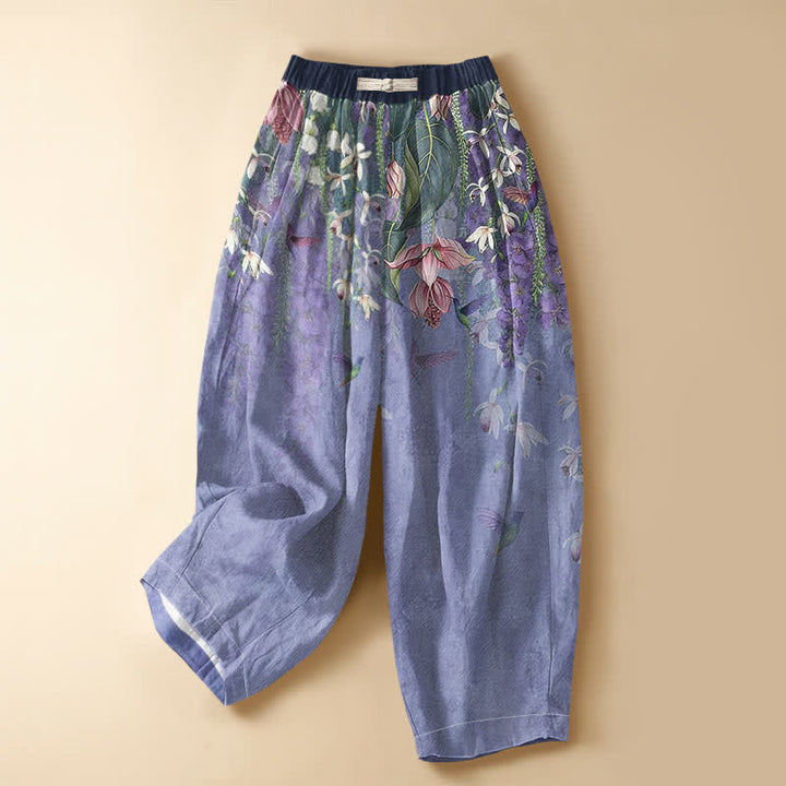 Buddha Stones Pantaloni harem da donna in puro cotone con motivo floreale ad acquerello e colibrì, bottoni a rana e vita elasticizzata con tasche. - Blu ardesia medio - US16, UK/AU20, EU48 (3XL) - image 0