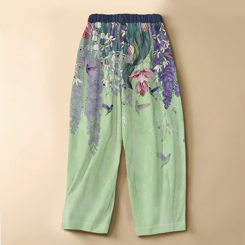 Buddha Stones Pantaloni harem da donna in puro cotone con motivo floreale ad acquerello e colibrì, bottoni a rana e vita elasticizzata con tasche. - image 6