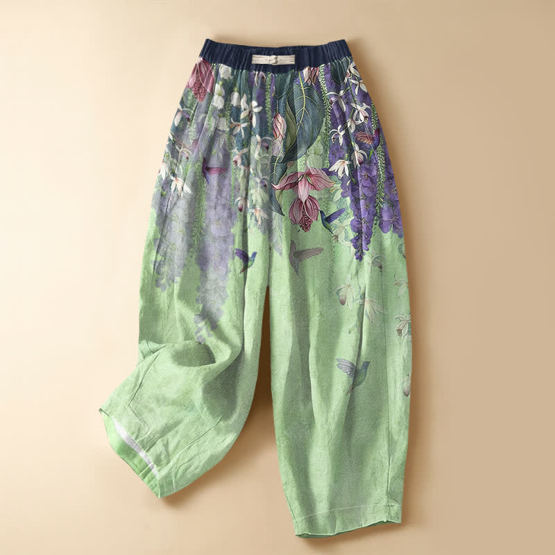 Buddha Stones Pantaloni harem da donna in puro cotone con motivo floreale ad acquerello e colibrì, bottoni a rana e vita elasticizzata con tasche. - Verde pallido - US16, UK/AU20, EU48 (3XL) - image 5