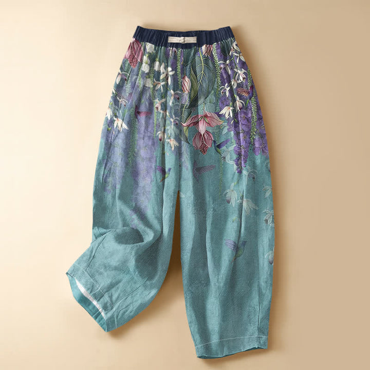 Buddha Stones Pantaloni harem da donna in puro cotone con motivo floreale ad acquerello e colibrì, bottoni a rana e vita elasticizzata con tasche. - Turchese medio - US16, UK/AU20, EU48 (3XL) - image 7