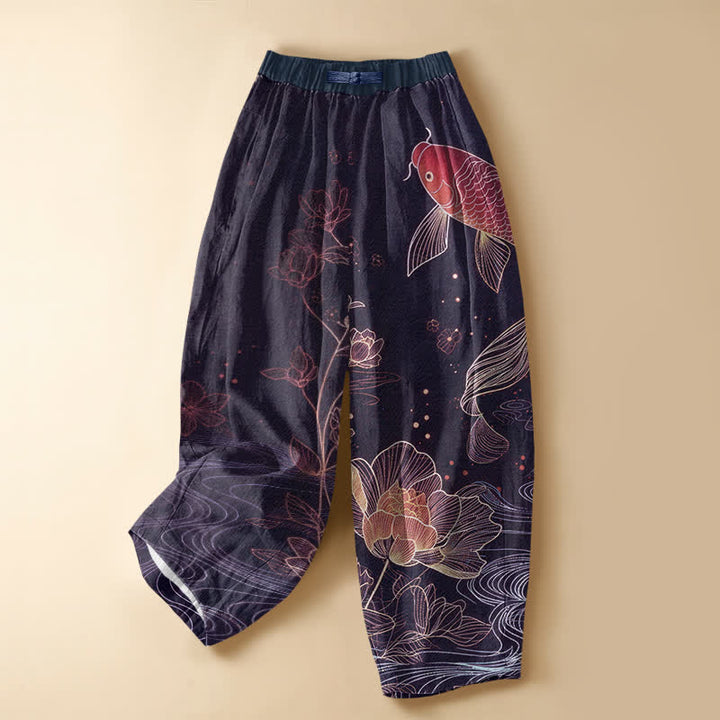 Buddha Stones Pantaloni harem da donna in puro cotone, stile vintage, con motivo a carpe koi rosse, loto, bottoni a rana e vita elasticizzata, con tasche. - Indaco - US16, UK/AU20, EU48 (3XL) - image 5
