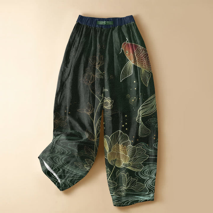 Buddha Stones Pantaloni harem da donna in puro cotone, stile vintage, con motivo a carpe koi rosse, loto, bottoni a rana e vita elasticizzata, con tasche. - Verde scuro - US16, UK/AU20, EU48 (3XL) - image 7