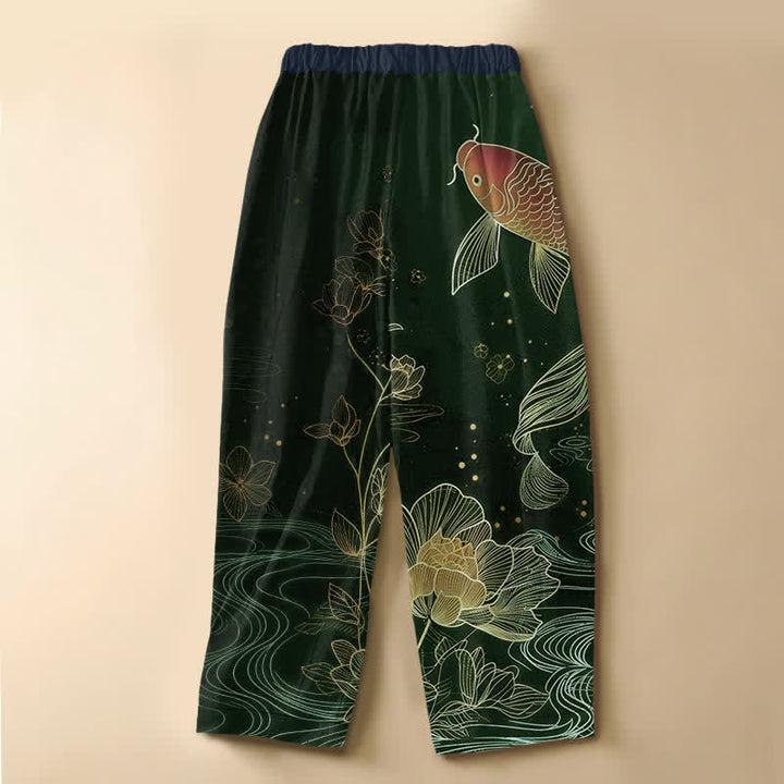 Buddha Stones Pantaloni harem da donna in puro cotone, stile vintage, con motivo a carpe koi rosse, loto, bottoni a rana e vita elasticizzata, con tasche. - image 8
