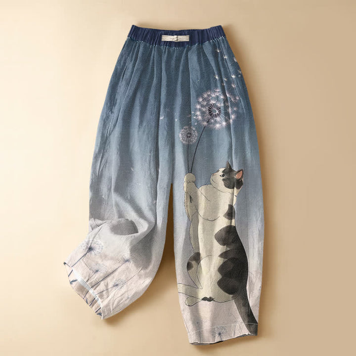Buddha Stones Pantaloni harem da donna in puro cotone con elastico in vita e tasche, fantasia giocosa di gatti, denti di leone e bottoni a forma di rana. - SteelBlue - US16, UK/AU20, EU48 (3XL) - image 0