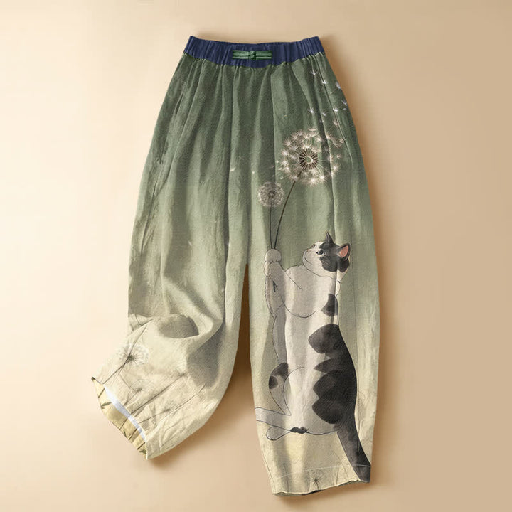 Buddha Stones Pantaloni harem da donna in puro cotone con elastico in vita e tasche, fantasia giocosa di gatti, denti di leone e bottoni a forma di rana. - Verde oliva - US16, UK/AU20, EU48 (3XL) - image 5