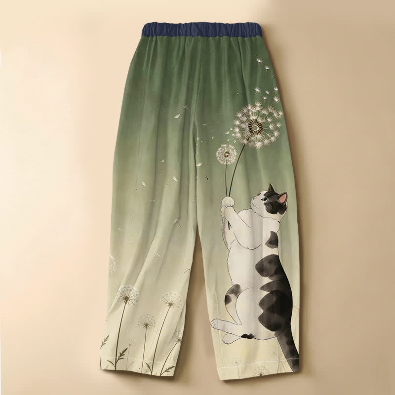 Buddha Stones Pantaloni harem da donna in puro cotone con elastico in vita e tasche, fantasia giocosa di gatti, denti di leone e bottoni a forma di rana. - image 6