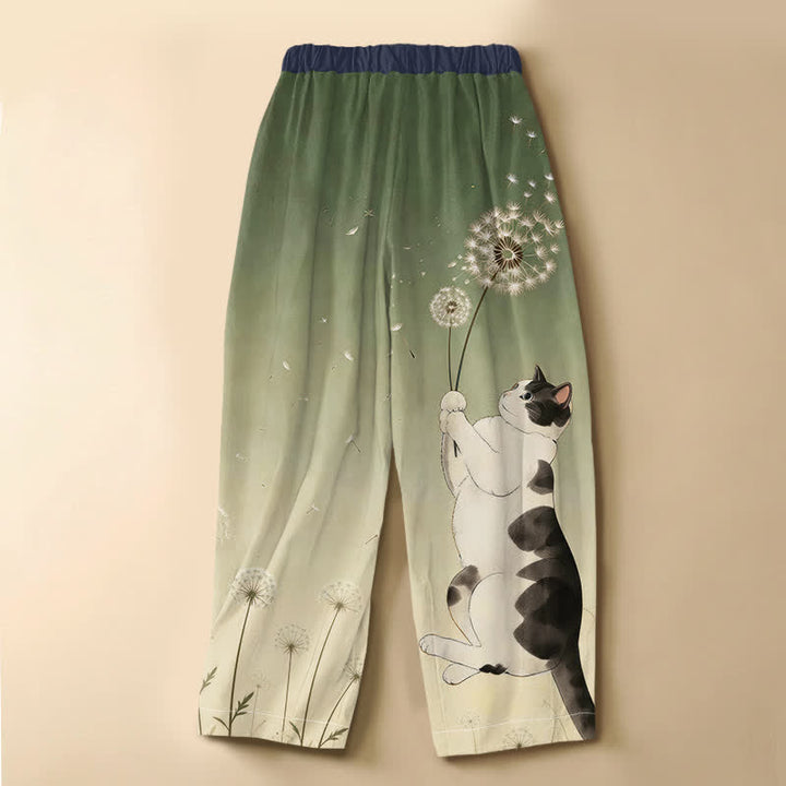 Buddha Stones Pantaloni harem da donna in puro cotone con elastico in vita e tasche, fantasia giocosa di gatti, denti di leone e bottoni a forma di rana. - image 6