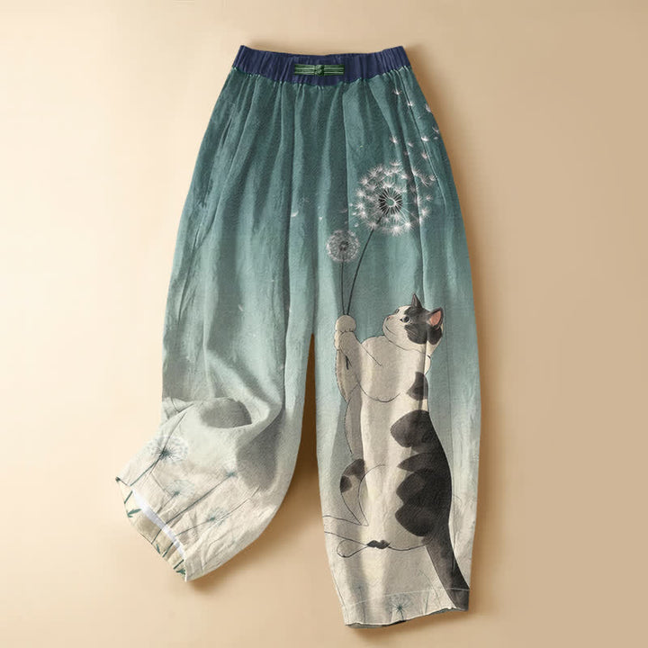 Buddha Stones Pantaloni harem da donna in puro cotone con elastico in vita e tasche, fantasia giocosa di gatti, denti di leone e bottoni a forma di rana. - Verde acqua - US16, UK/AU20, EU48 (3XL) - image 7