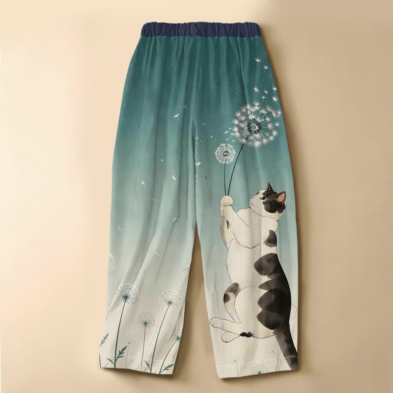 Buddha Stones Pantaloni harem da donna in puro cotone con elastico in vita e tasche, fantasia giocosa di gatti, denti di leone e bottoni a forma di rana. - image 8