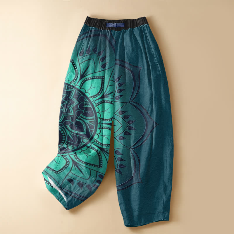 Buddha Stones Pantaloni harem da donna in puro cotone, stile bohémien, con motivo floreale mandala, bottoni a rana e vita elasticizzata, con tasche. - Verde acqua - US16, UK/AU20, EU48 (3XL) - image 7