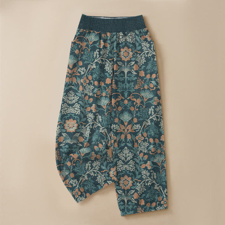 Buddha Stones Pantaloni harem da donna in cotone con motivo floreale a pieghe e vita elasticizzata, con tasche. - image 9
