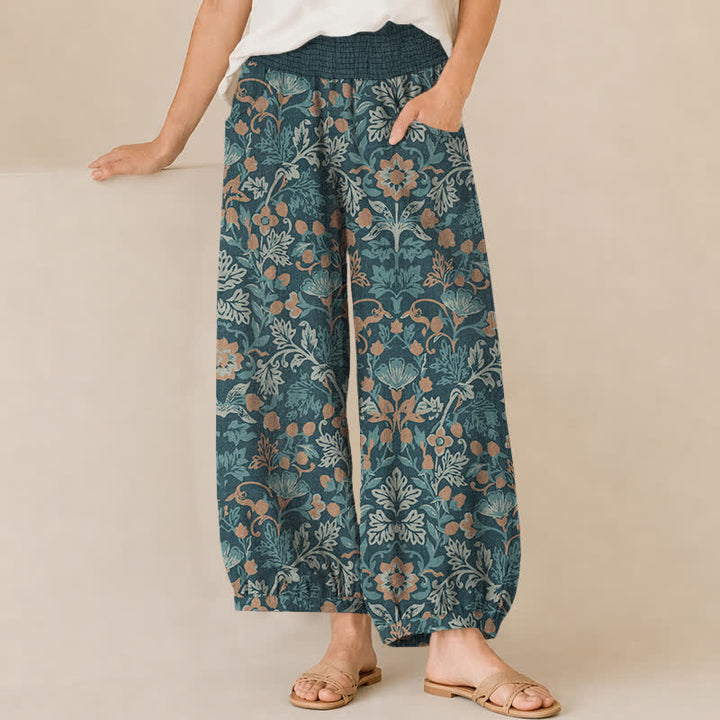 Buddha Stones Pantaloni harem da donna in cotone con motivo floreale a pieghe e vita elasticizzata, con tasche. - Verde acqua - US16, UK/AU20, EU48 (3XL) - image 6